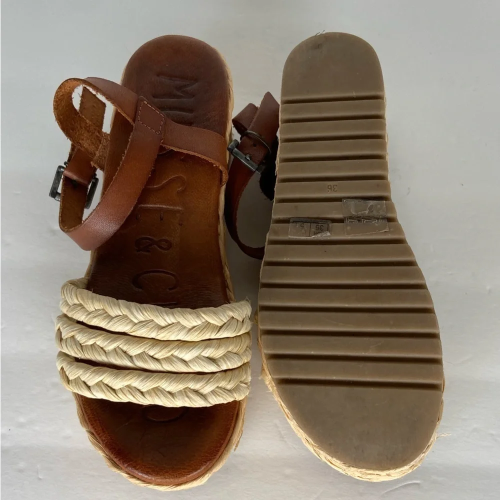 Musse and Cloud Tino Sandals Size 5.5 Espadrille‎ Ankle Strap Cognac & Beige